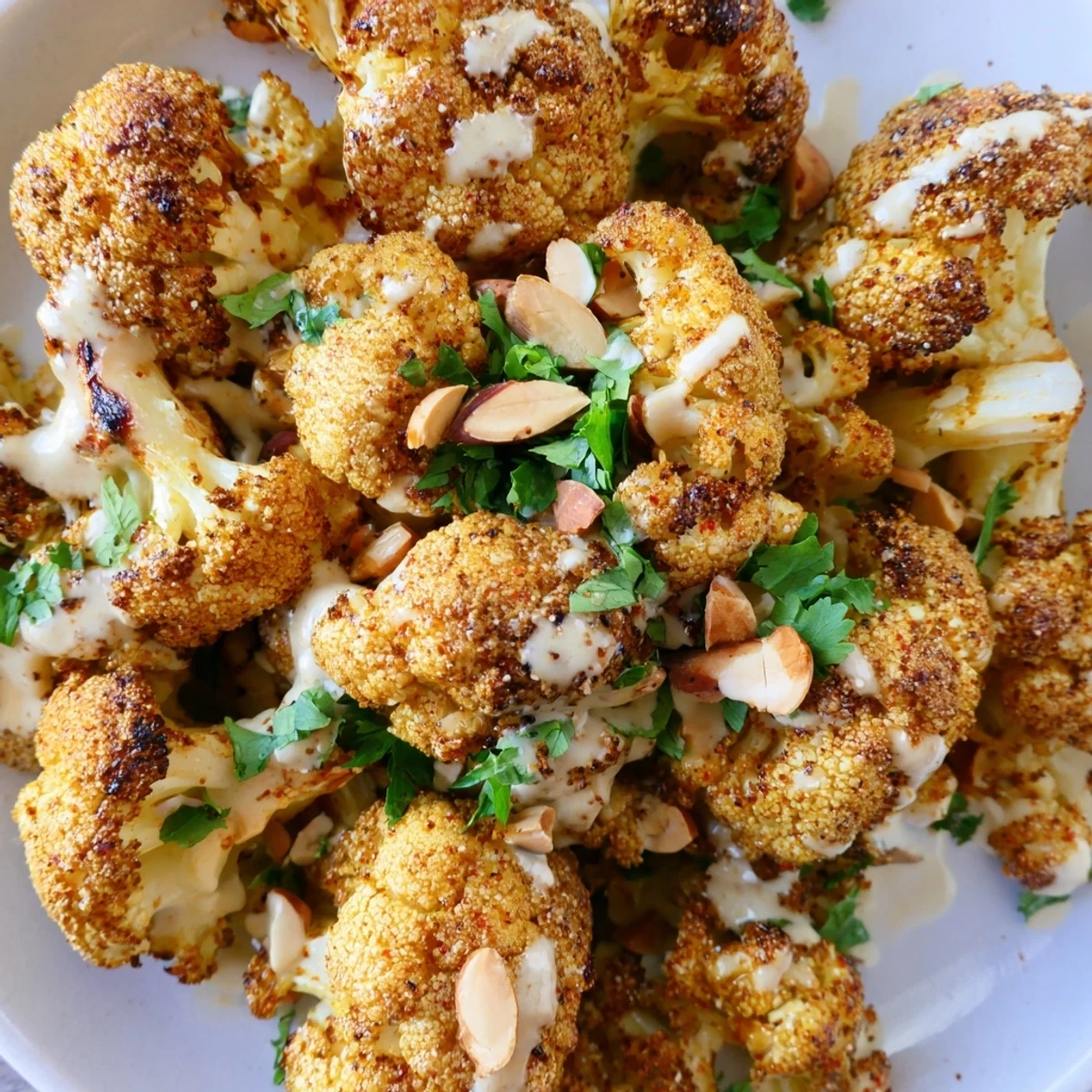 Golden roasted Moroccan cauliflower florets drizzled with creamy tahini honey sauce and fresh herbs