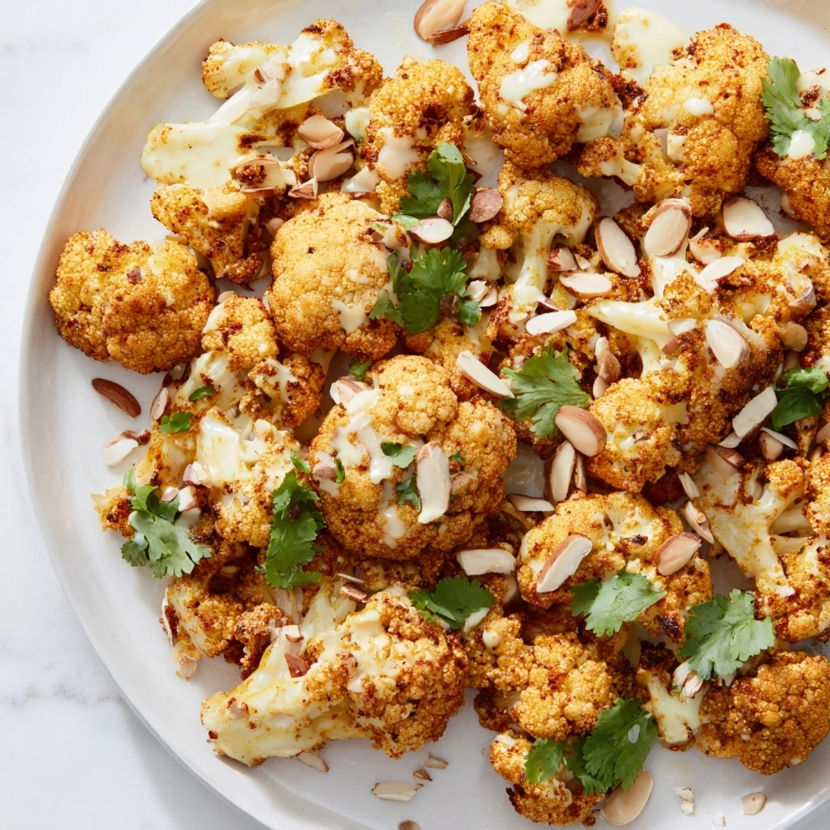 Spiced Moroccan cauliflower with tahini honey served on a white platter with toasted almond garnish