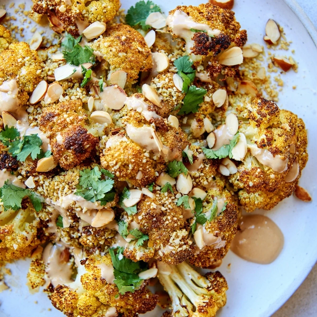 Crispy roasted Moroccan cauliflower in a sweet tahini honey glaze topped with green cilantro