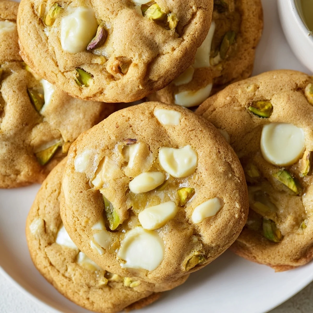 Golden brown white chocolate pistachio cookies with melted chunks and green nut speckles on a wooden board
