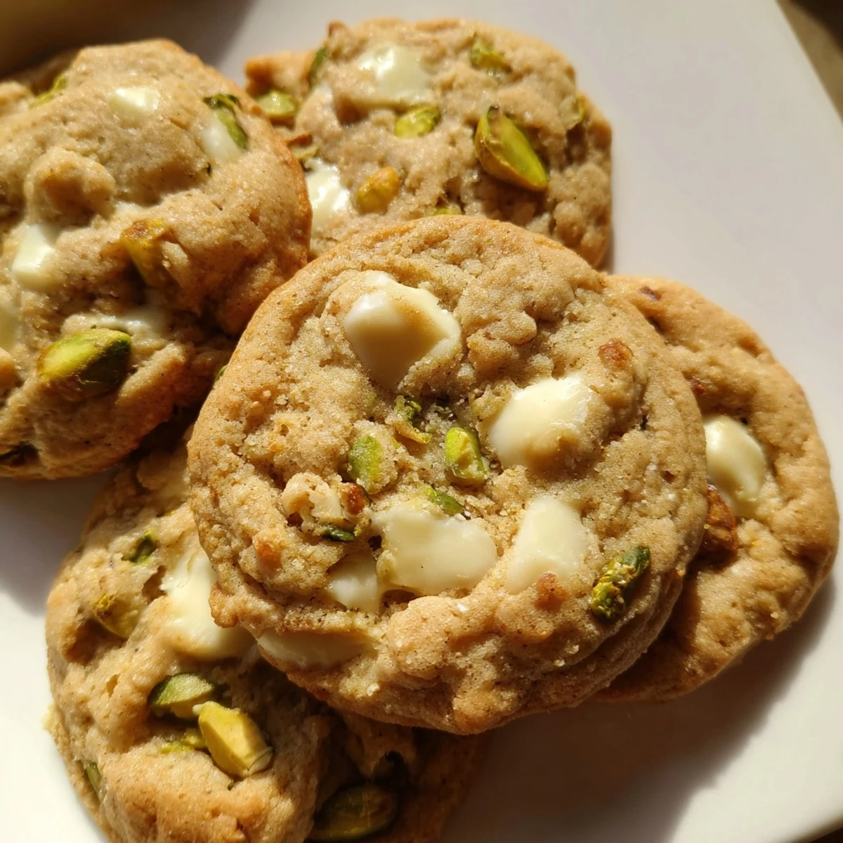 Chewy homemade white chocolate pistachio cookies stacked on a wire cooling rack with visible chocolate pockets