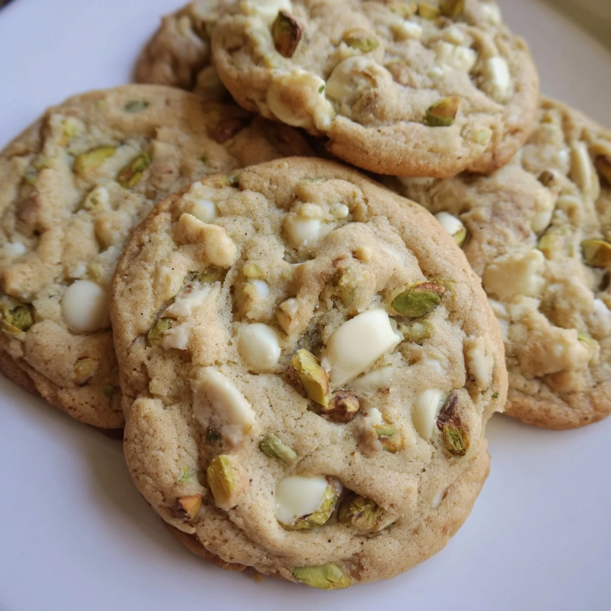 Buttery white chocolate pistachio cookies fresh from the oven with crisp edges and soft centers on parchment paper