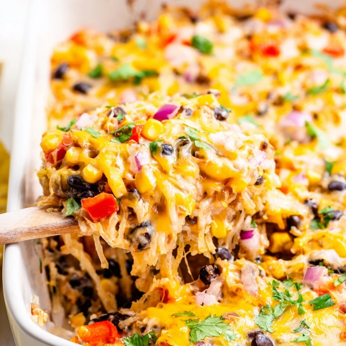 Baked spaghetti squash casserole with black beans corn peppers and melted cheddar cheese