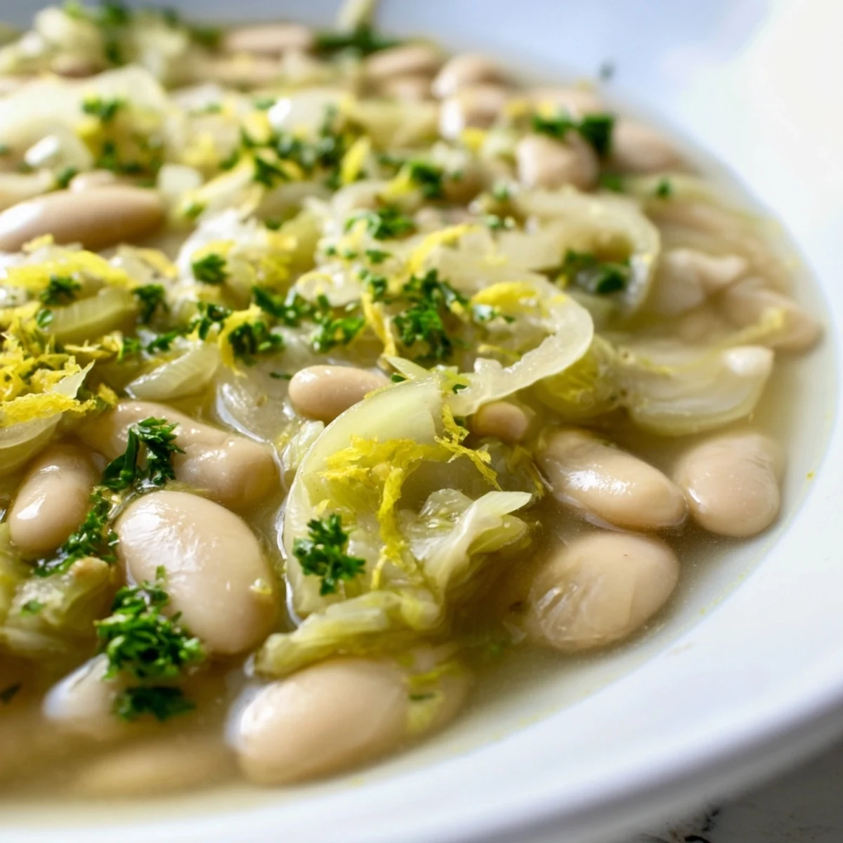 Golden butter beans and sautéed leeks garnished with parsley in a rustic bowl