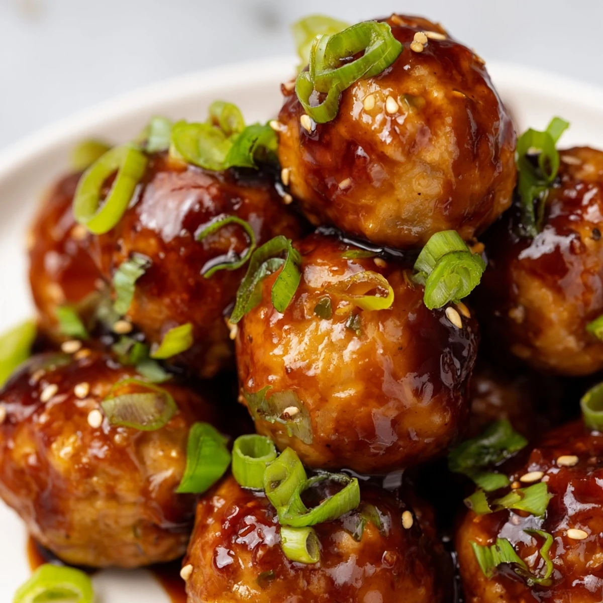 Golden brown Japanese chicken meatballs with teriyaki sauce glazed over a steaming bowl of white rice
