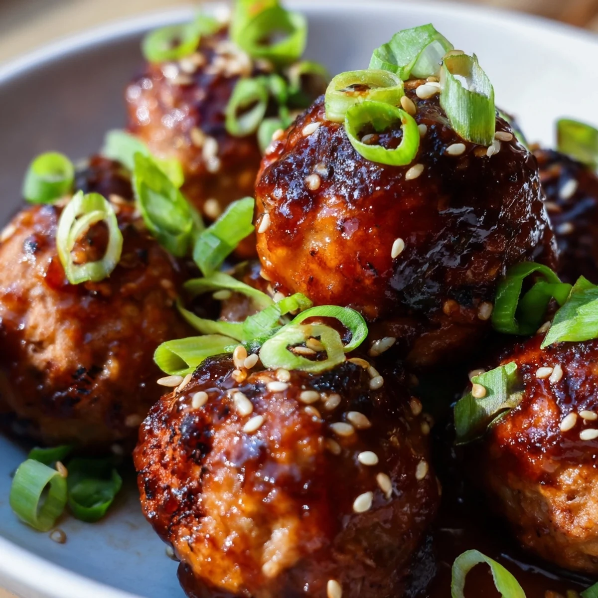 Juicy homemade chicken meatballs coated in sweet and savory teriyaki sauce garnished with green onions and sesame seeds