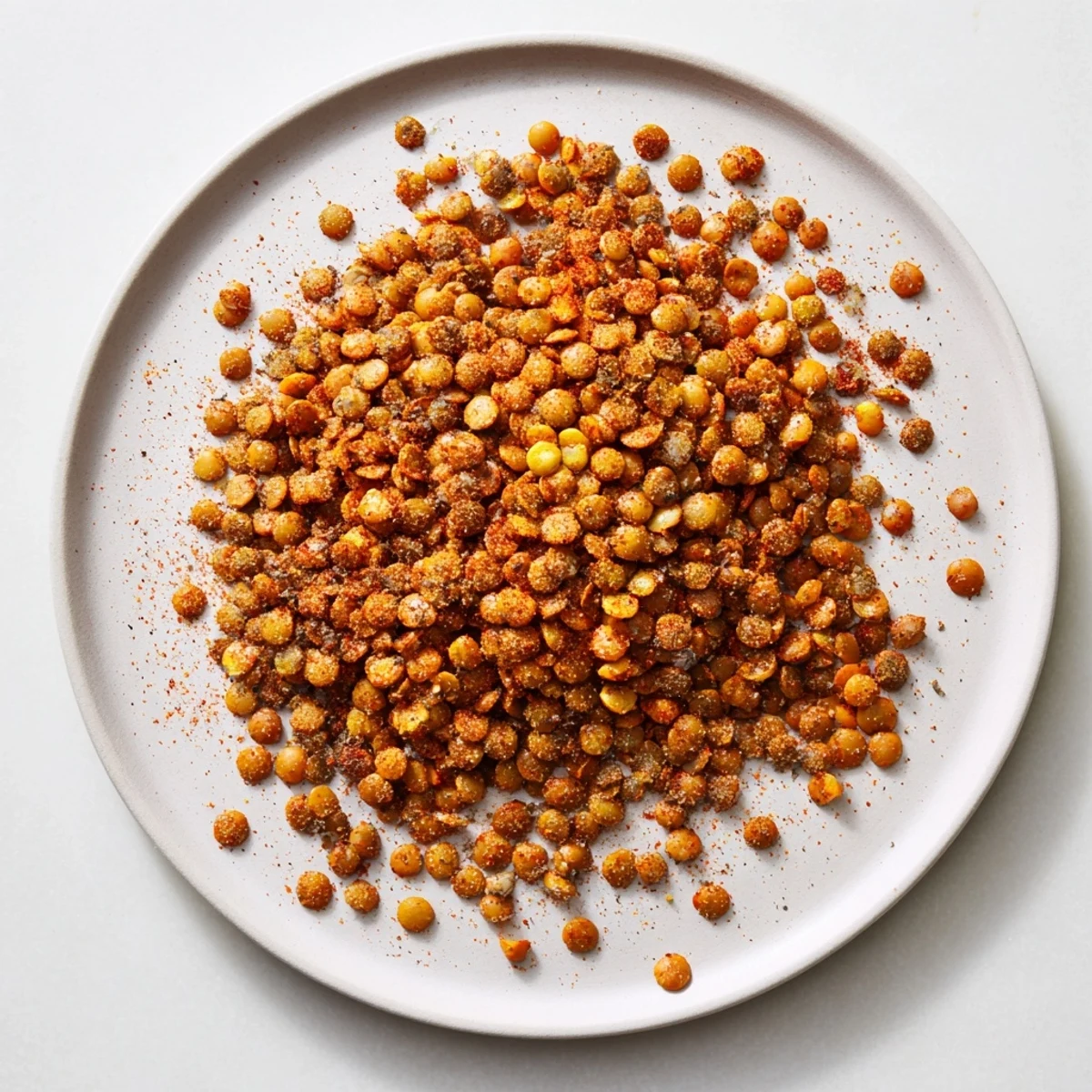 Close-up of crispy spiced lentils scattered on parchment paper, roasted to golden perfection