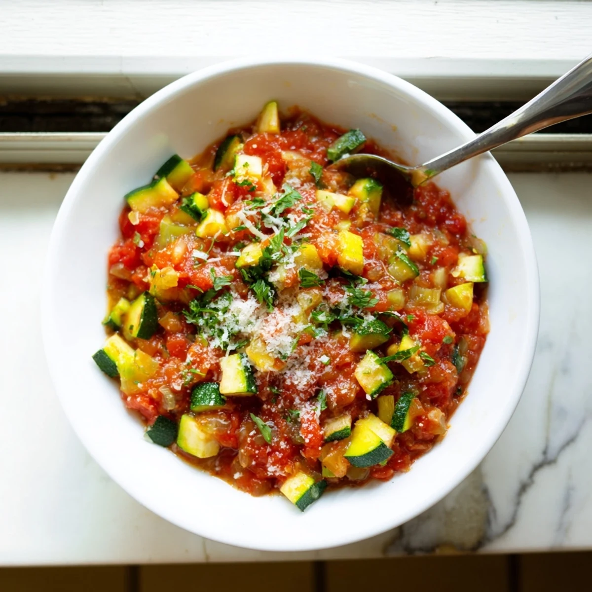 Creamy Italian zucchini sauce with diced green vegetables simmering in a rich tomato herb base