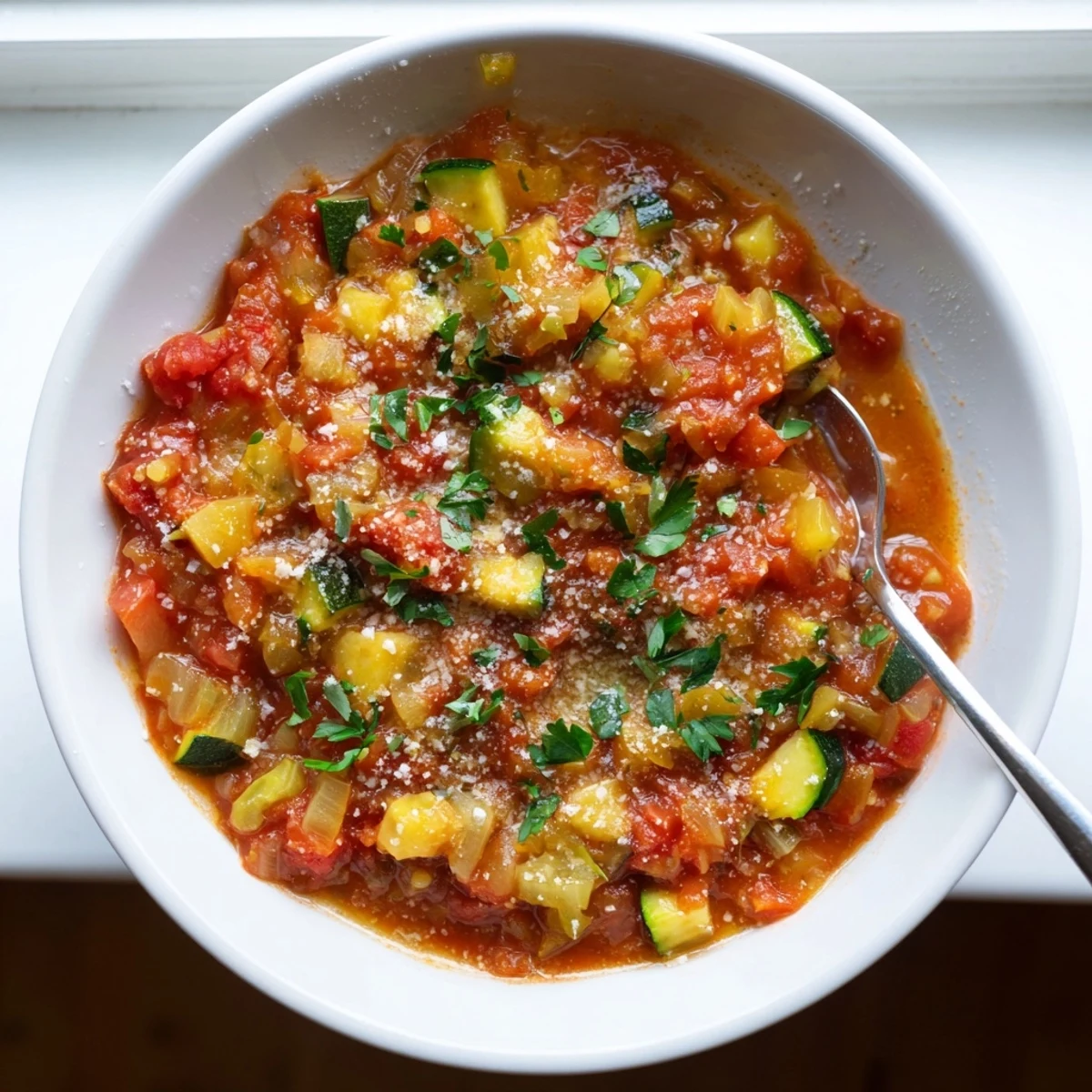 Golden Italian zucchini sauce ladled over al dente pasta with fresh parsley and grated Parmesan topping