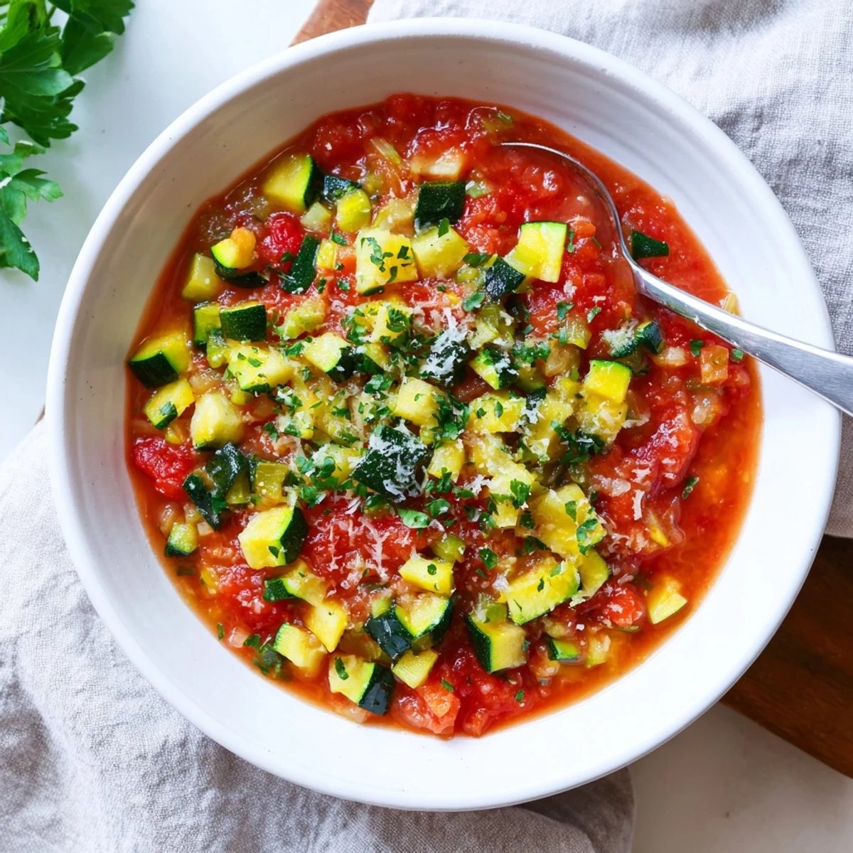 Savory Italian zucchini sauce featuring tender zucchini pieces in a vibrant red tomato and basil blend