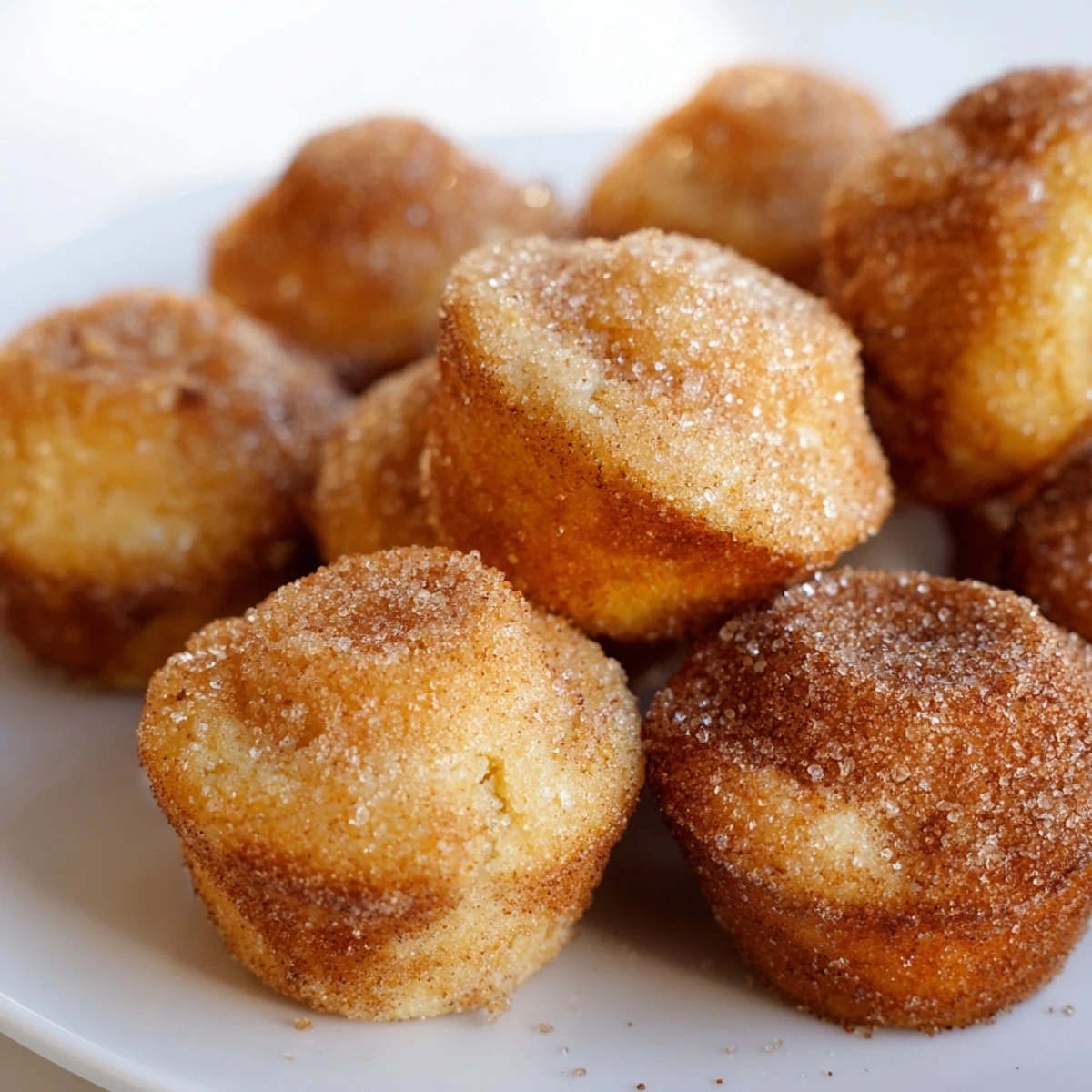Bite-sized easy cinnamon sugar mini muffins cooling on a wire rack with sugary crust