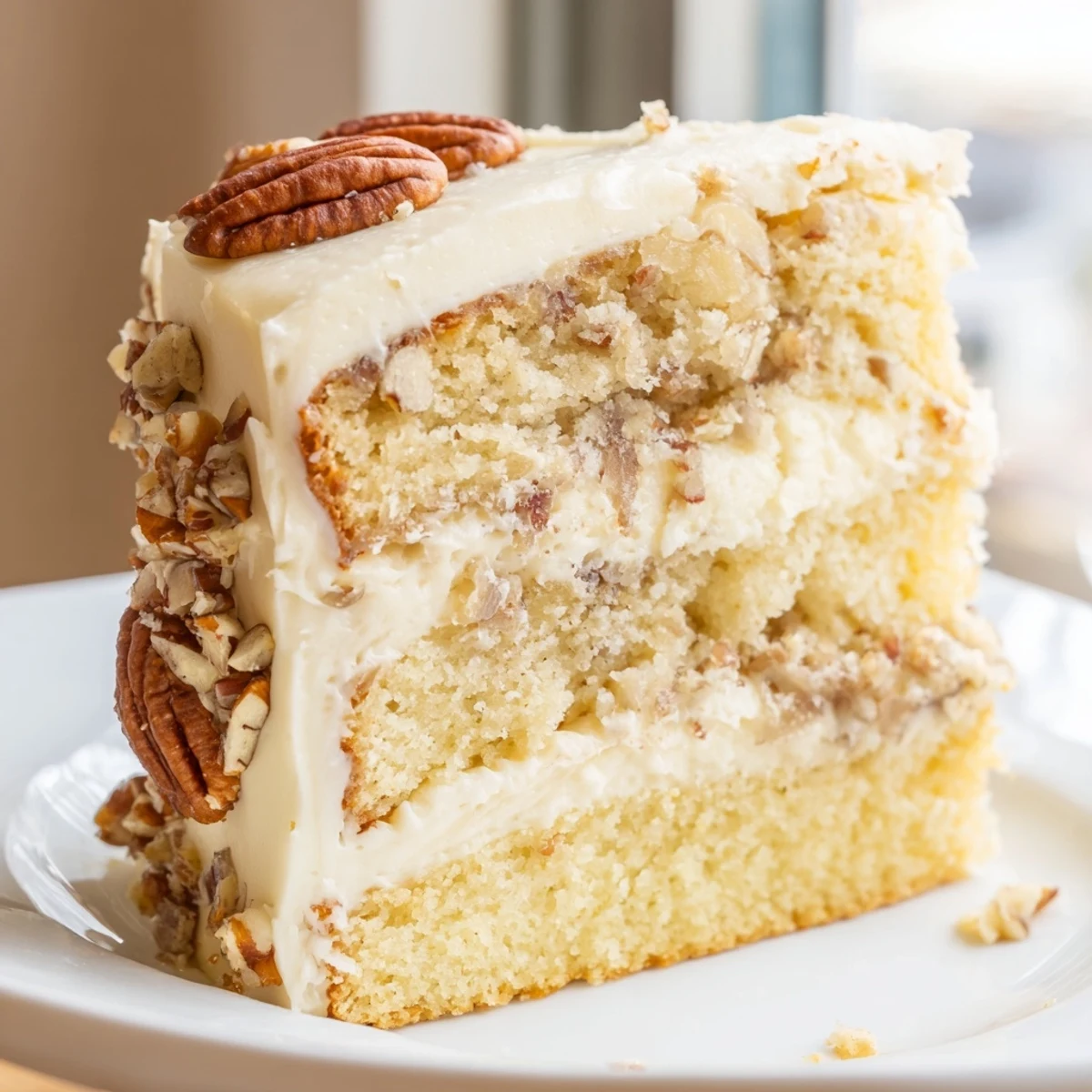 Golden butter pecan cake slice with creamy frosting and toasted pecan topping