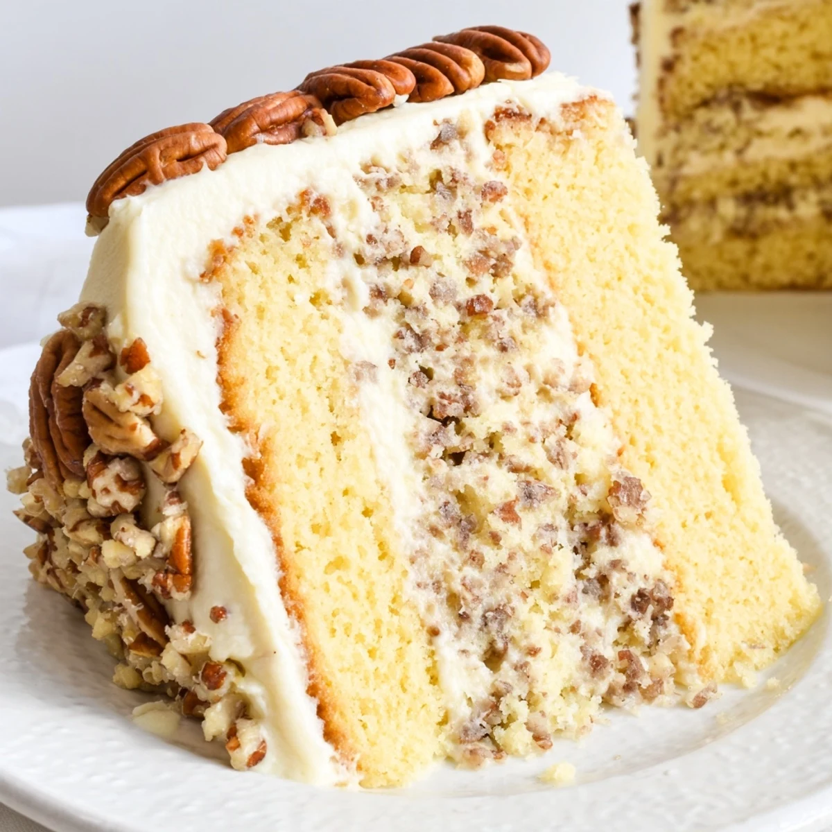 Three-layer butter pecan cake with buttercream and crunchy pecan garnish on white plate