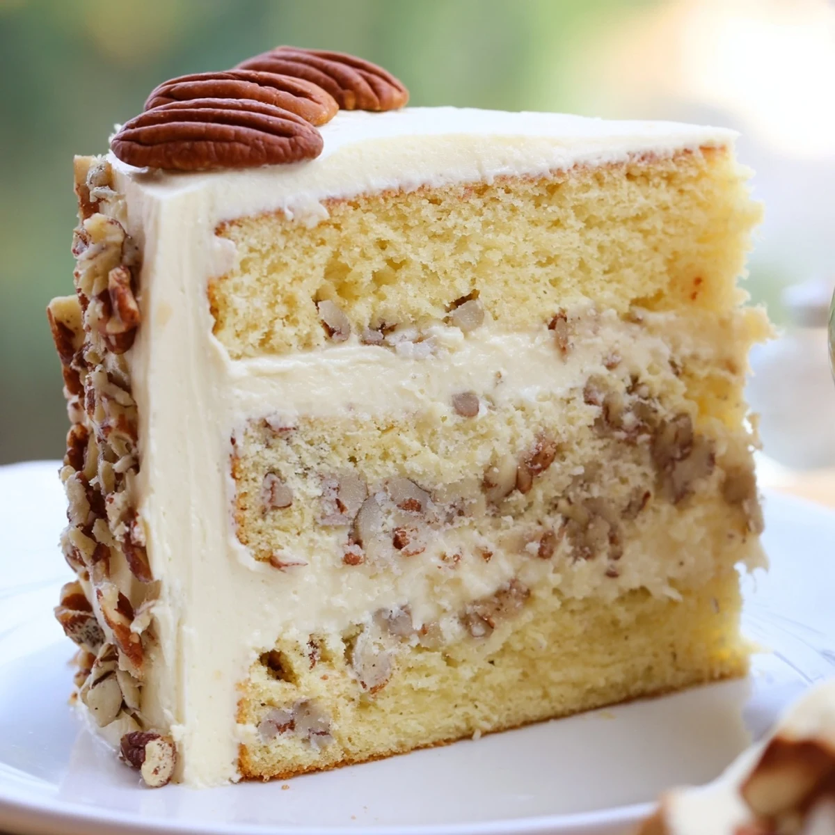 Moist butter pecan cake with velvety frosting sprinkled with golden toasted pecans