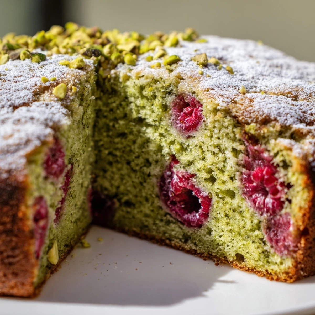 Moist pistachio raspberry cake with fresh berries and powdered sugar dusting on top
