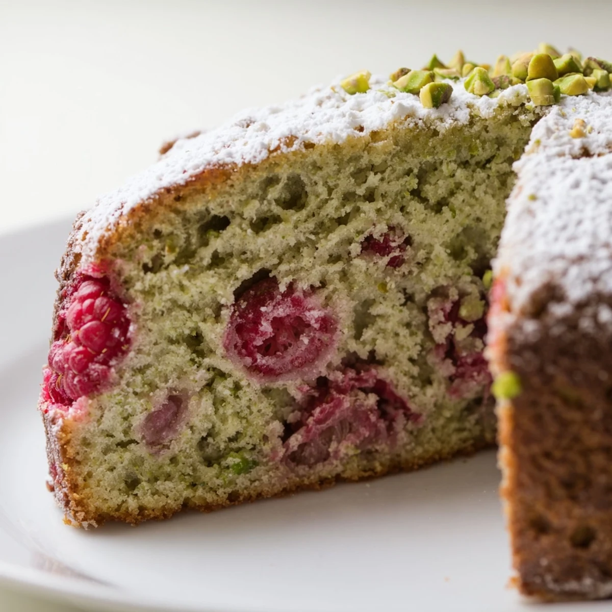 Slice of green pistachio raspberry cake layered with tart red raspberries and chopped nuts