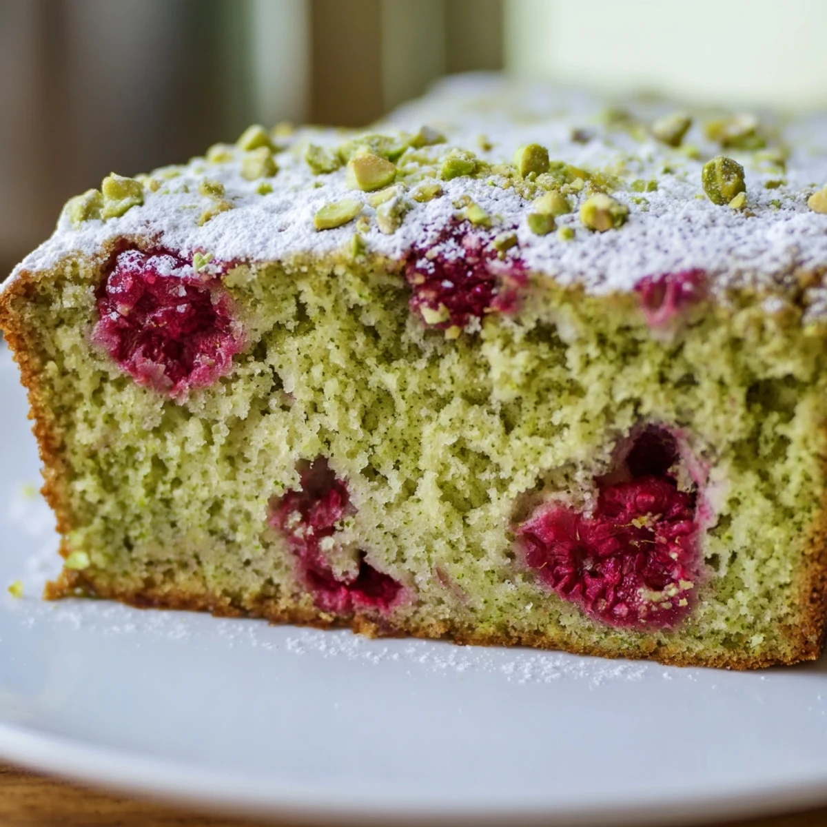 Homemade pistachio raspberry cake served on white plate with whipped cream garnish