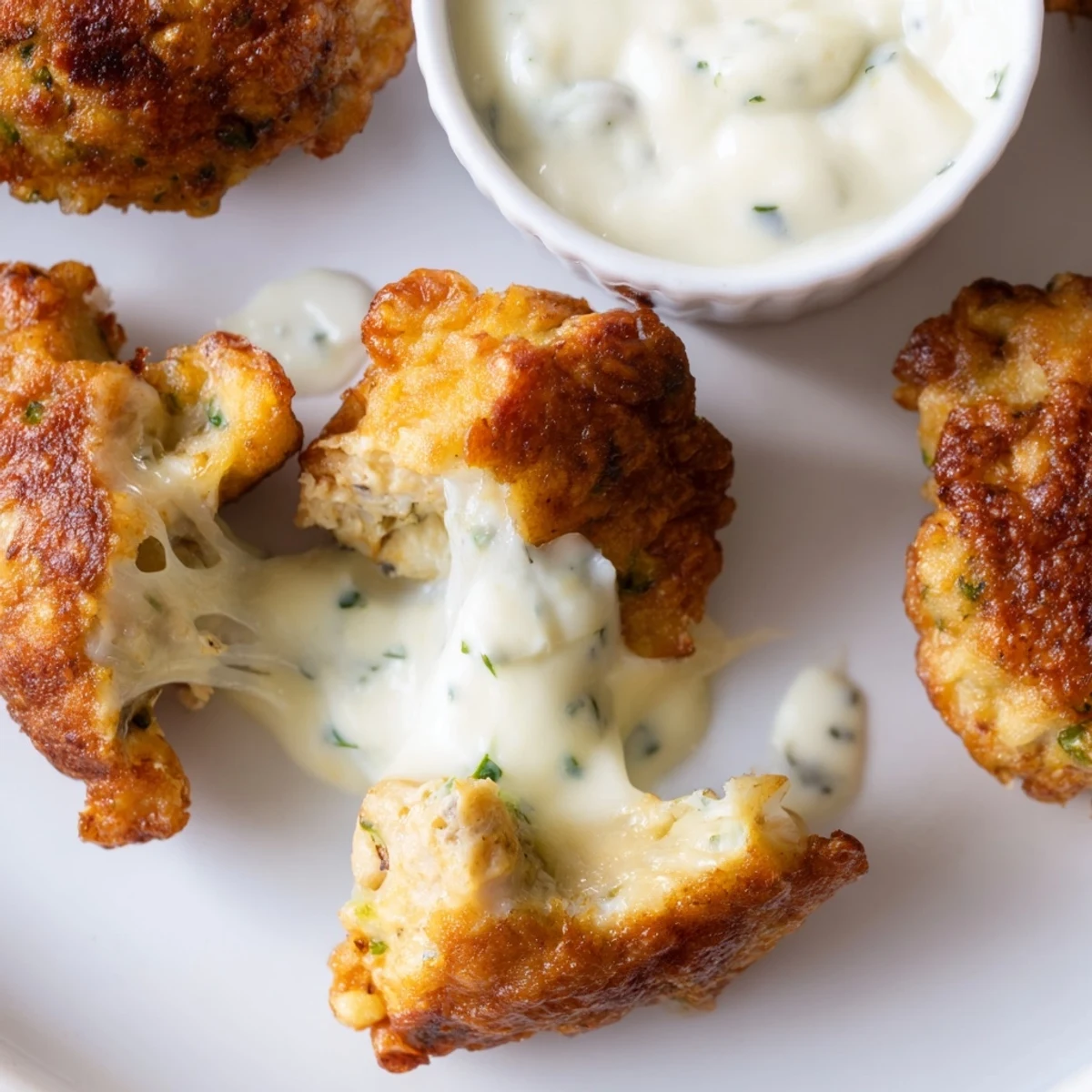 Golden brown cheesy chicken fritters served with creamy white garlic aioli dip for dipping