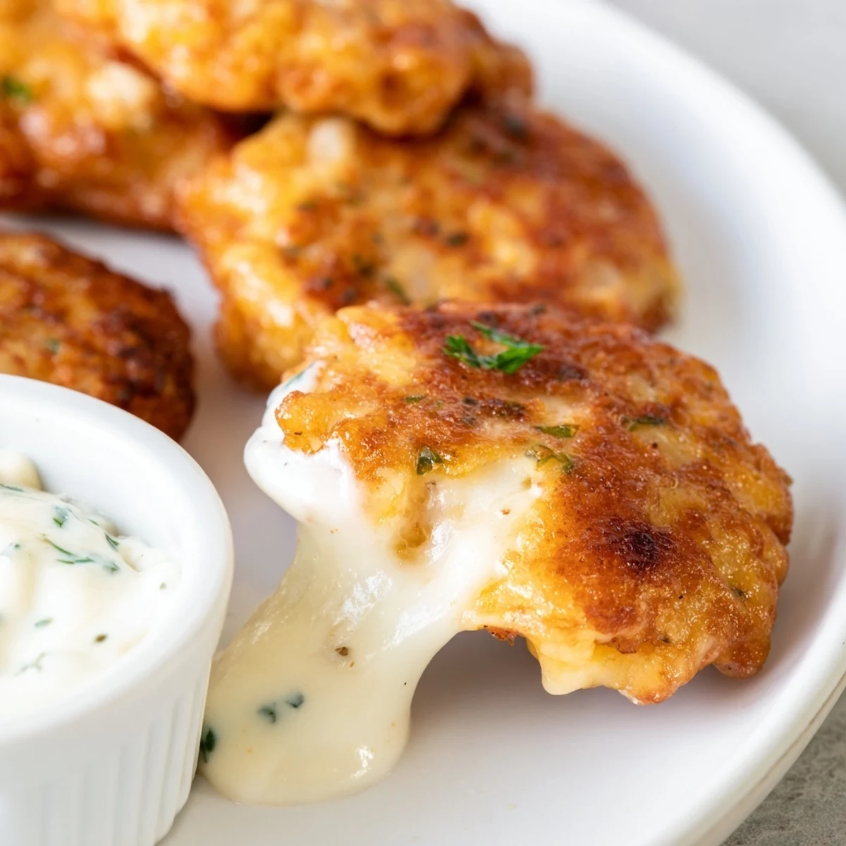 Crispy pan-fried chicken fritters with melted cheese beside a bowl of homemade garlic aioli