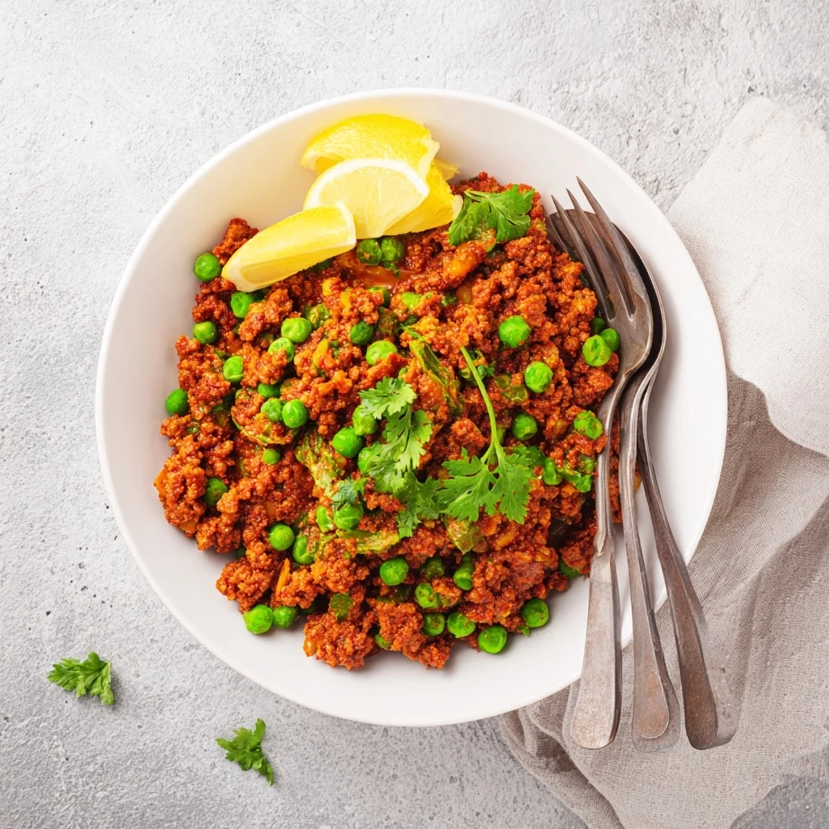 Golden savory keema curry with ground meat, green peas, and aromatic Indian spices served in a bowl