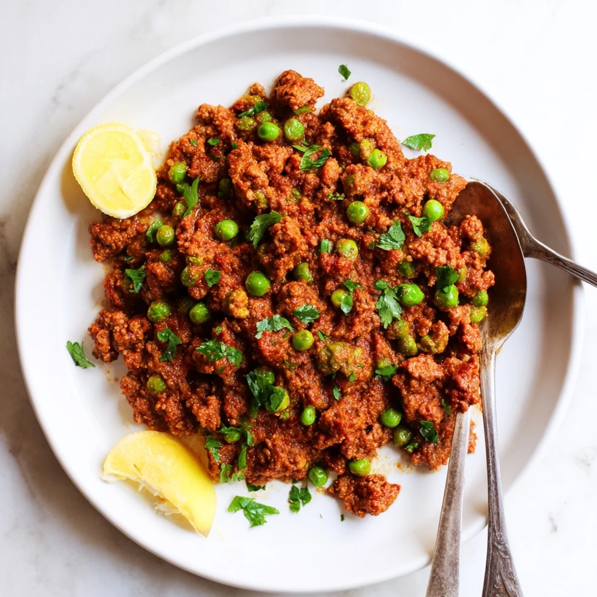 Rich and spicy keema curry garnished with fresh cilantro alongside warm naan bread for dipping