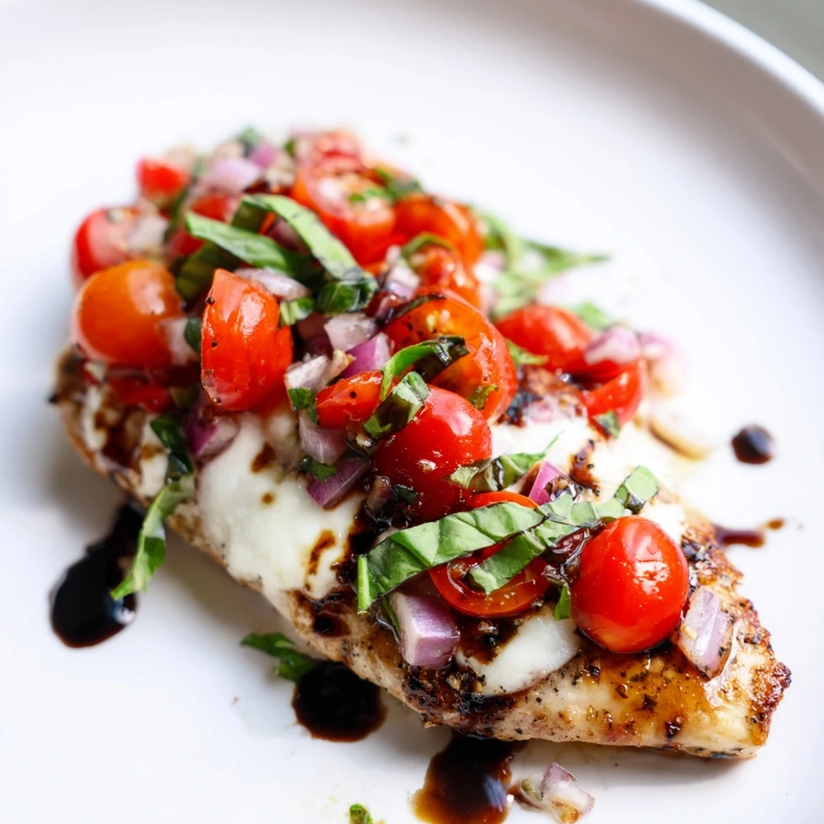 Golden baked chicken breast topped with melted mozzarella and vibrant tomato basil bruschetta mixture