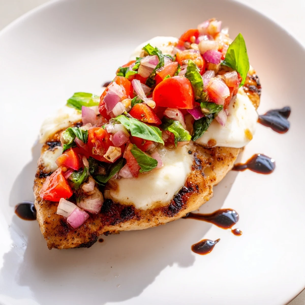Fresh mozzarella bruschetta chicken served with juicy tomatoes and a drizzle of balsamic glaze