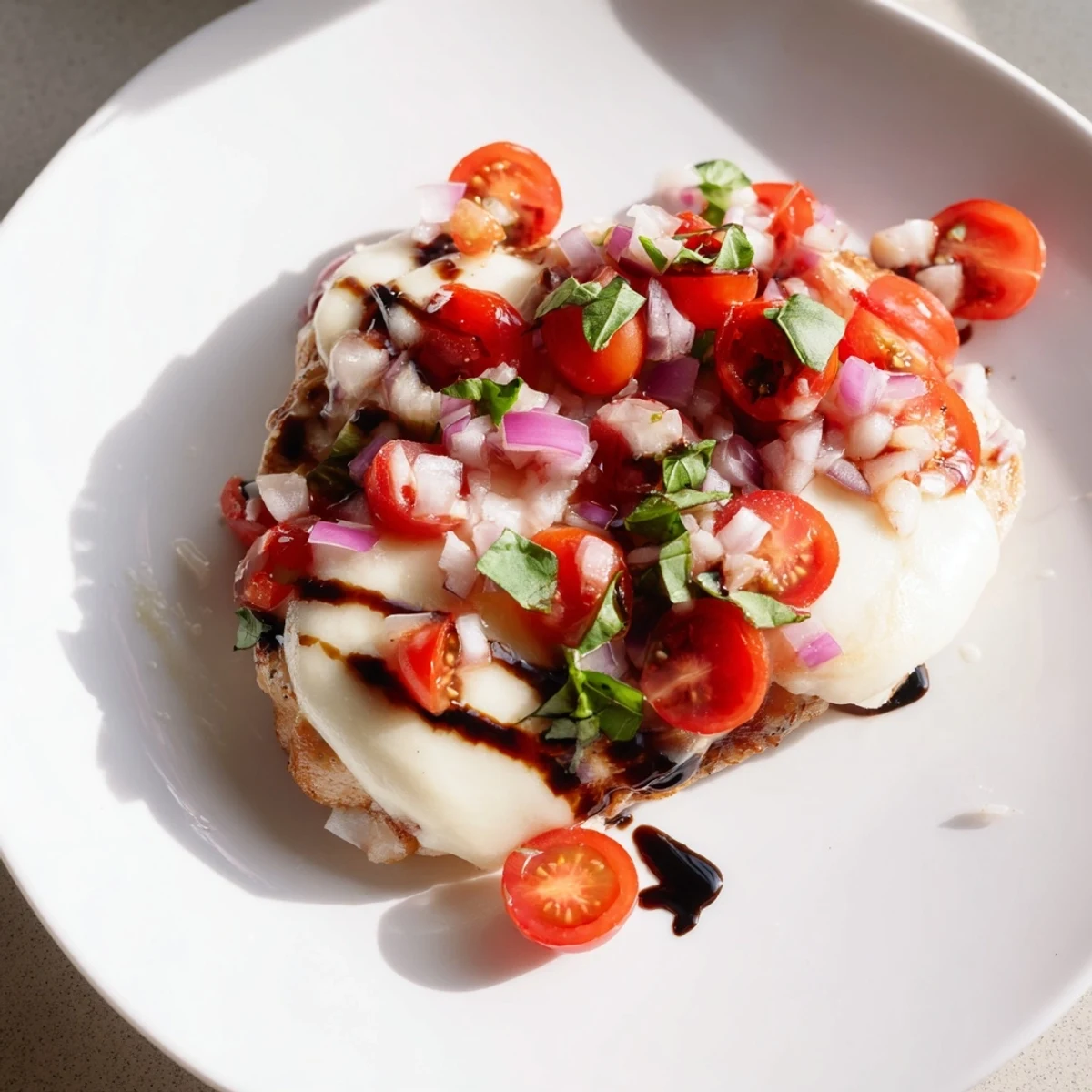 Italian style chicken with bubbling mozzarella cheese and colorful diced tomato bruschetta topping