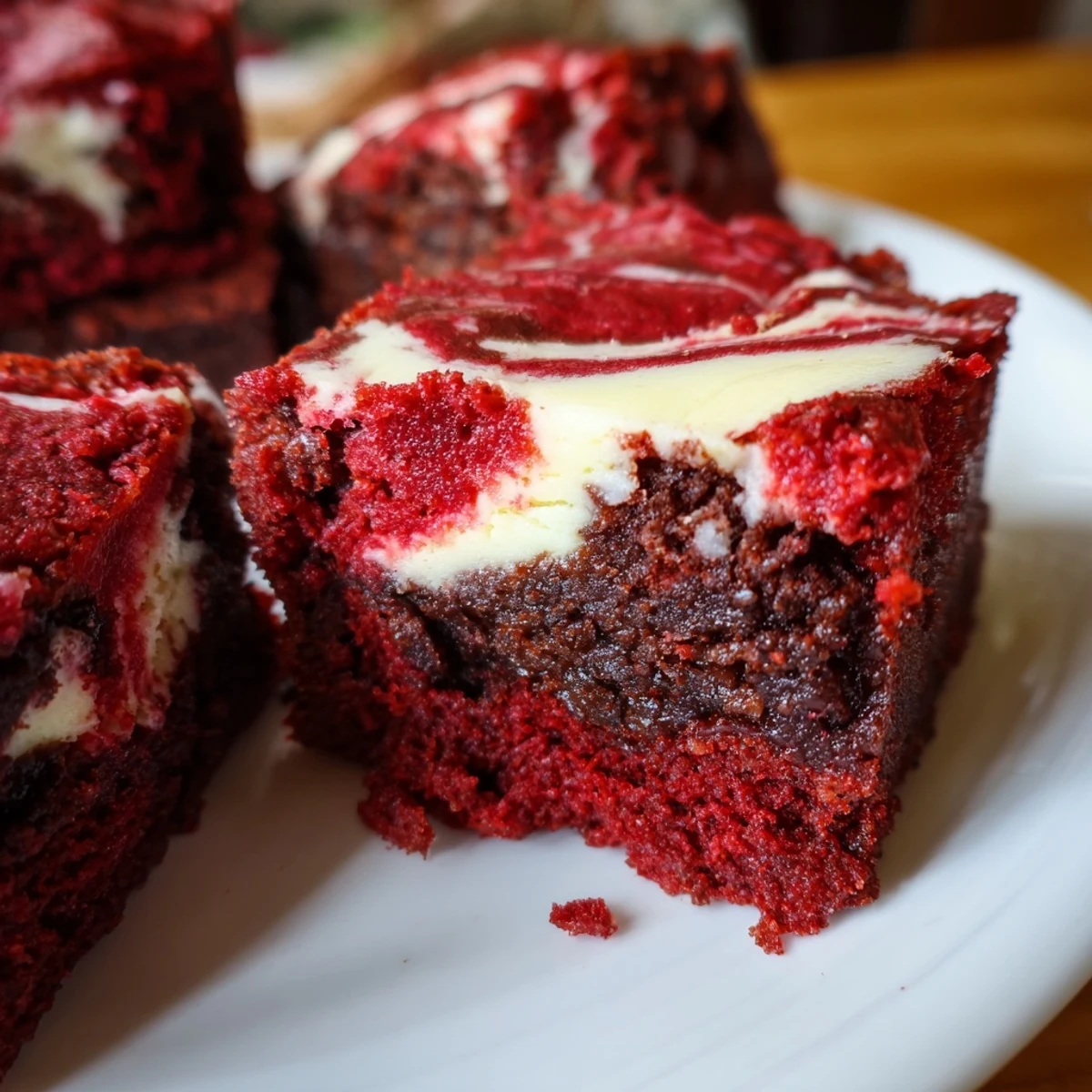 Mini red velvet brownie bites with swirls of creamy white cream cheese topping