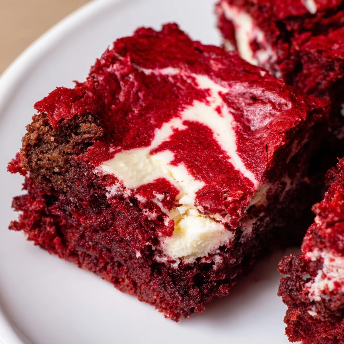 Fudgy red velvet brownie bites featuring marbled cream cheese swirl on a serving platter