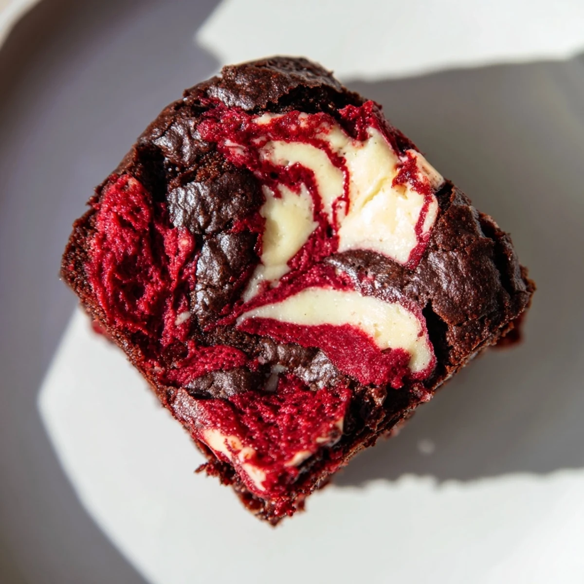 Bite-sized red velvet brownies topped with luscious cream cheese swirl, freshly baked and garnished