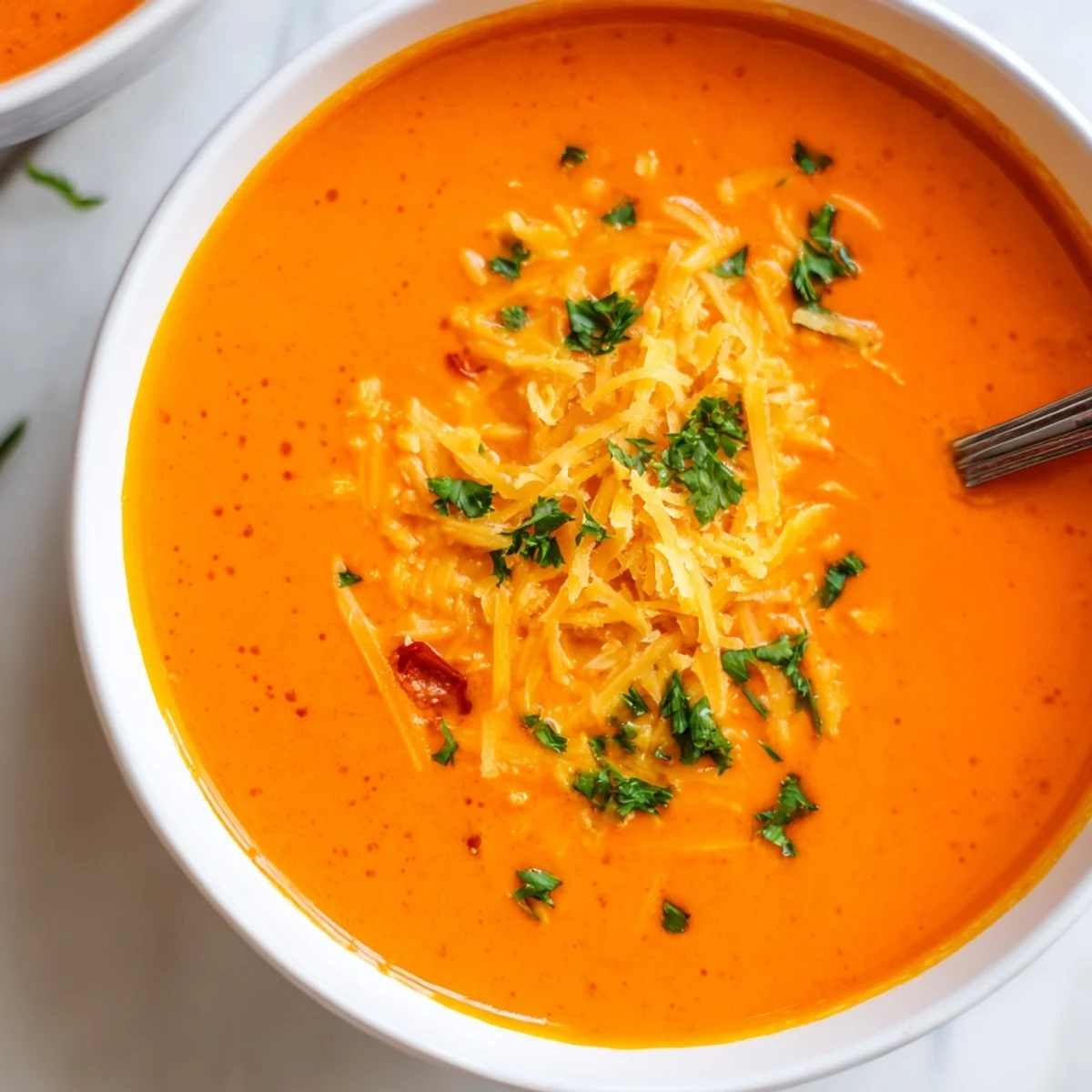 Creamy roasted red pepper Gouda soup garnished with fresh parsley and melted cheese topping