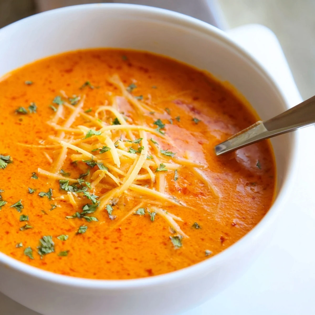 Smooth roasted red pepper Gouda soup served with crusty bread and shredded cheese sprinkled on top