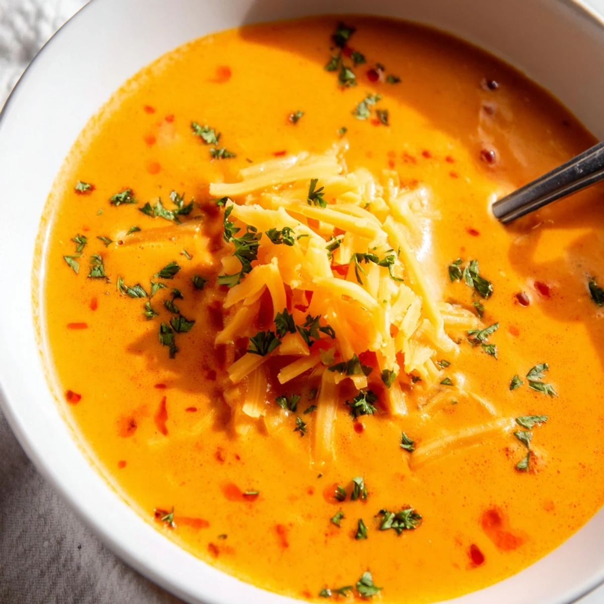 Velvety orange roasted red pepper Gouda soup steaming in white bowl on rustic wooden table