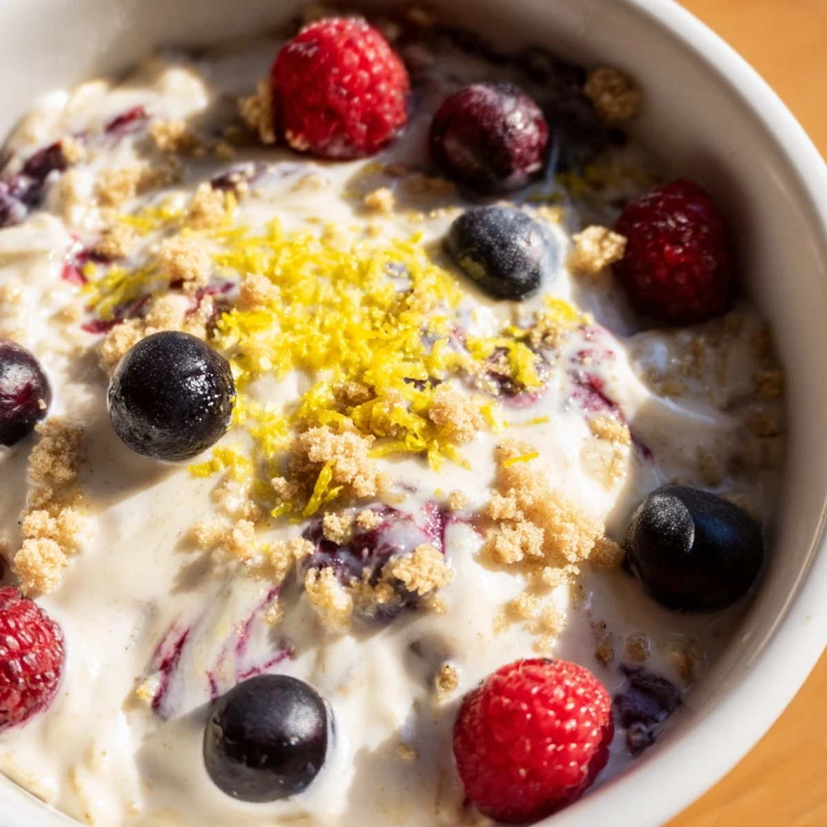 Glass jar filled with zesty lemon cheesecake overnight oats topped with fresh berries and graham cracker crumbs