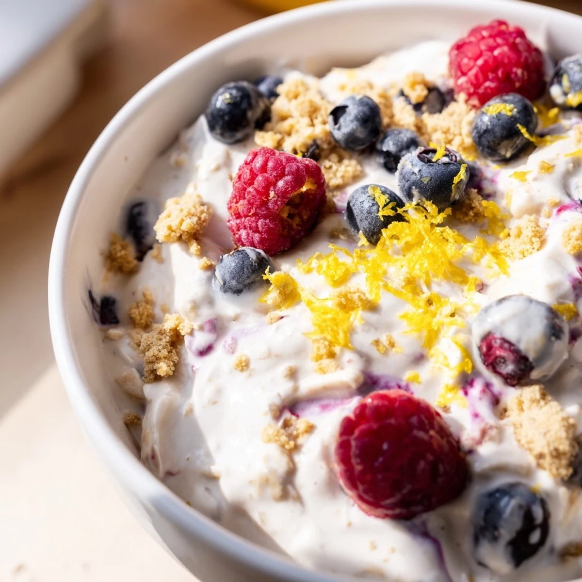 Creamy overnight oats jar layered with tangy lemon cheesecake flavor, garnished with colorful berries and lemon zest