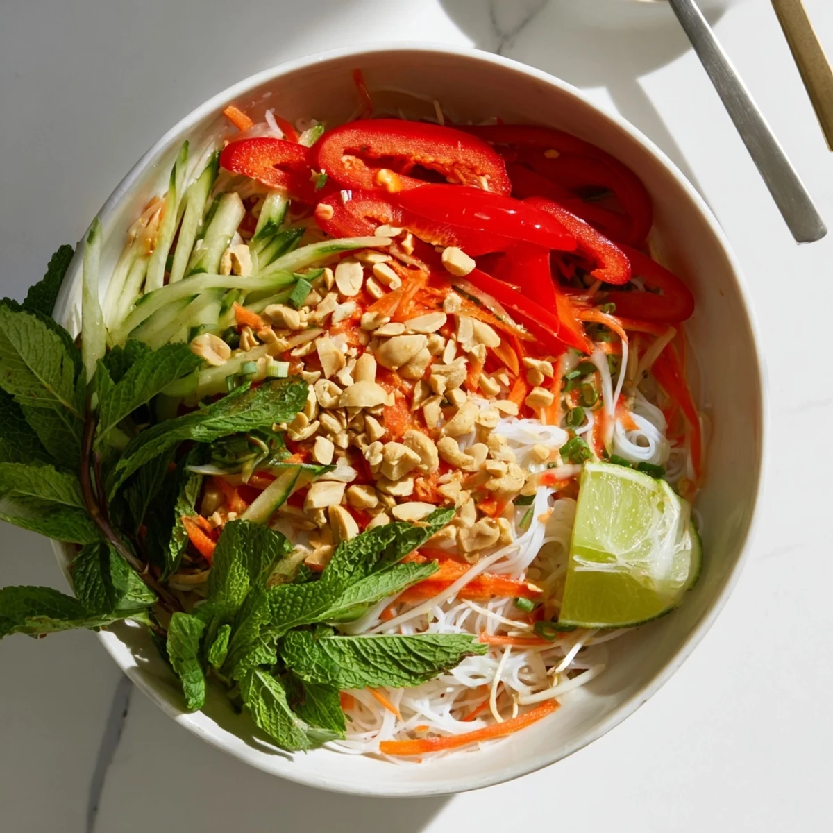 Refreshing Vietnamese noodle salad featuring rice vermicelli, julienned carrots, cucumber, and tangy lime vinegar dressing