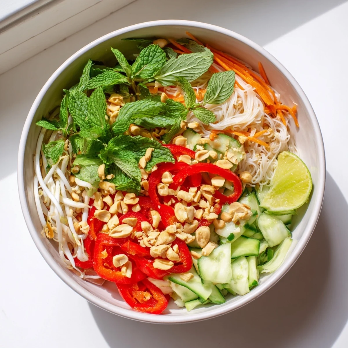 Vibrant Vietnamese noodle salad topped with roasted peanuts, mint, cilantro, and savory citrus dressing