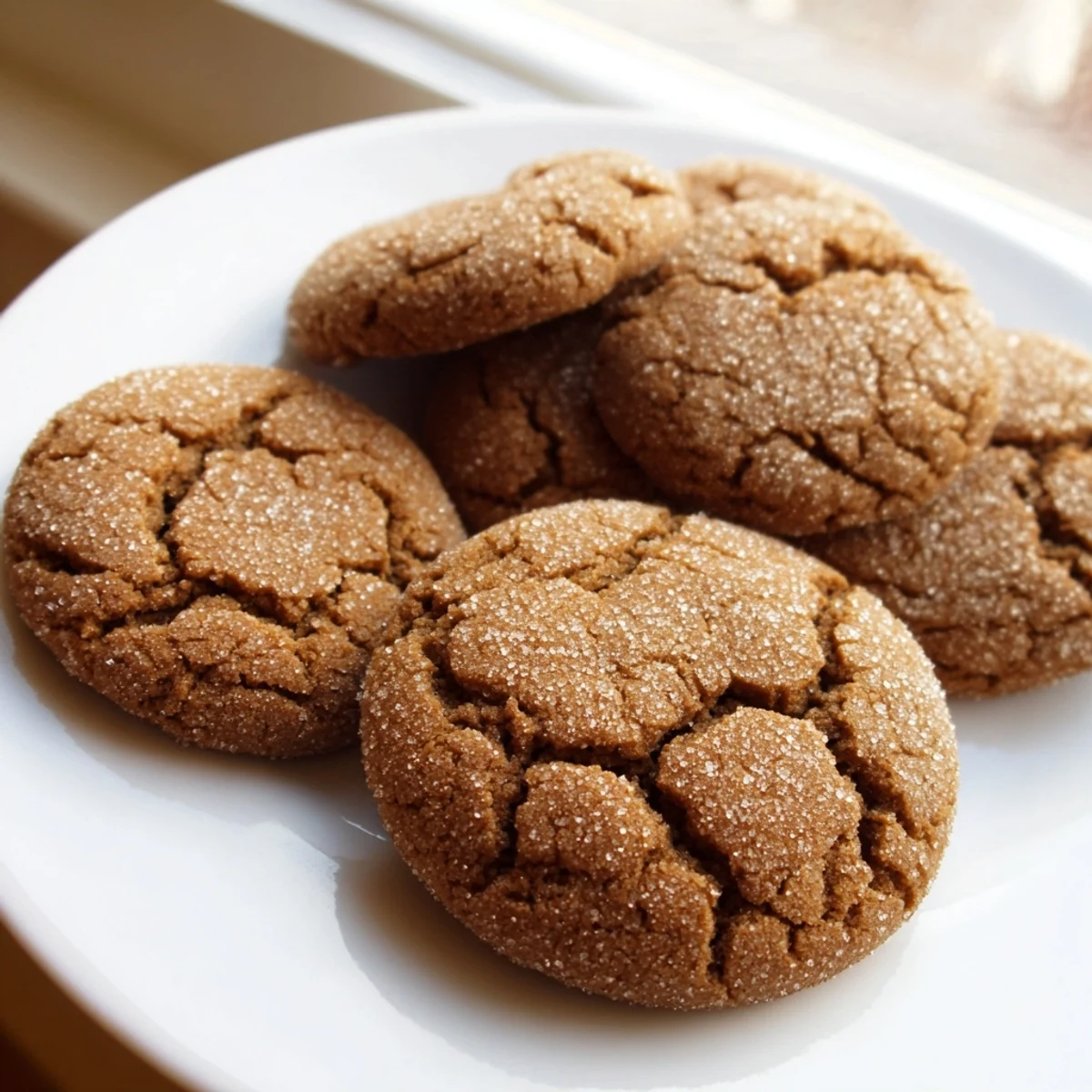 Golden brown gingersnap cookies with crackled tops and sugar coating on a white plate