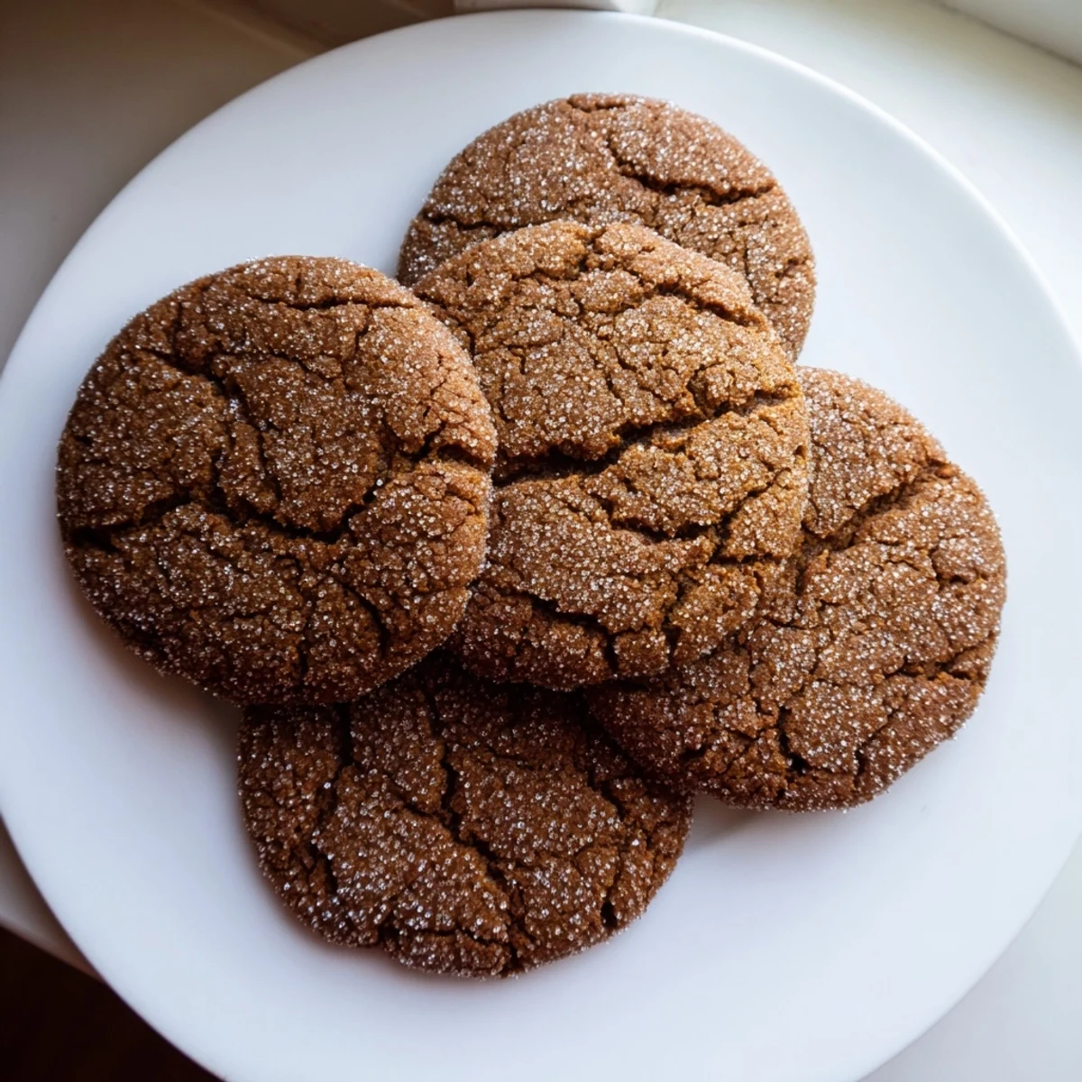 Spicy gingersnap cookies stacked on a wooden board with a glass of milk nearby