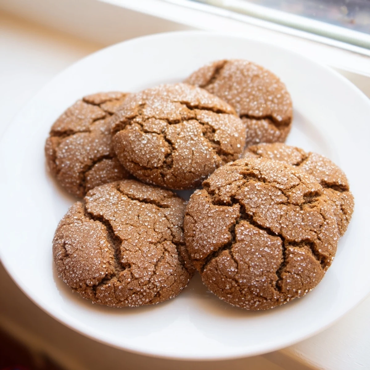 Freshly baked gingersnap cookies cooling on a wire rack with textured crackled surfaces