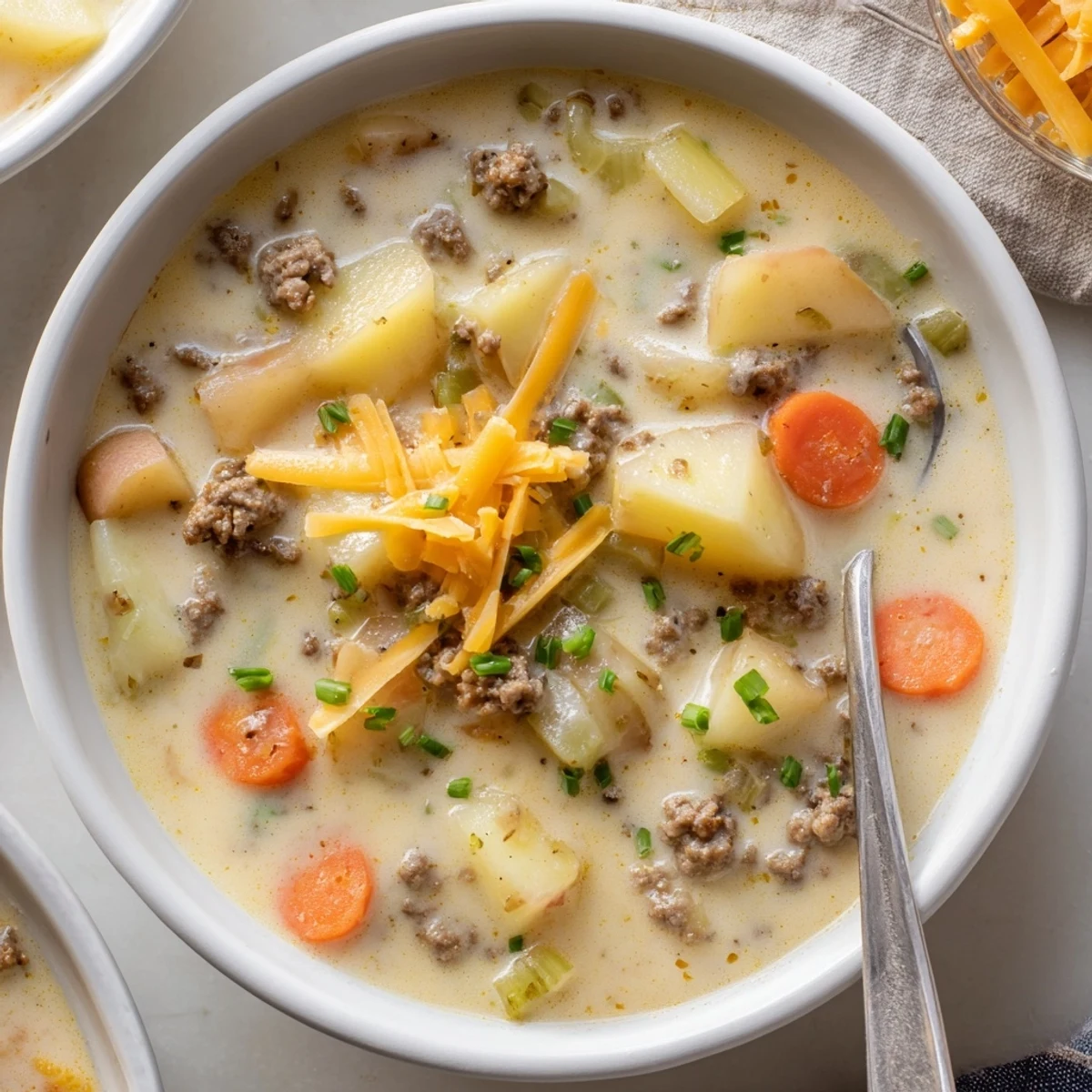 Savory ground beef and potato soup in a white bowl garnished with fresh chives