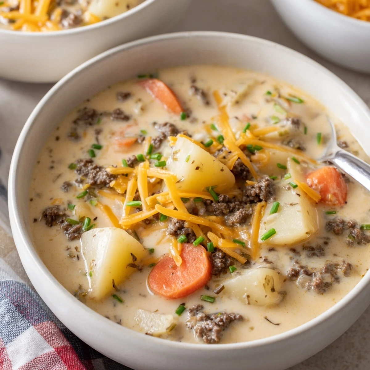 Hearty slow cooker hamburger potato soup with rich broth and golden potato chunks