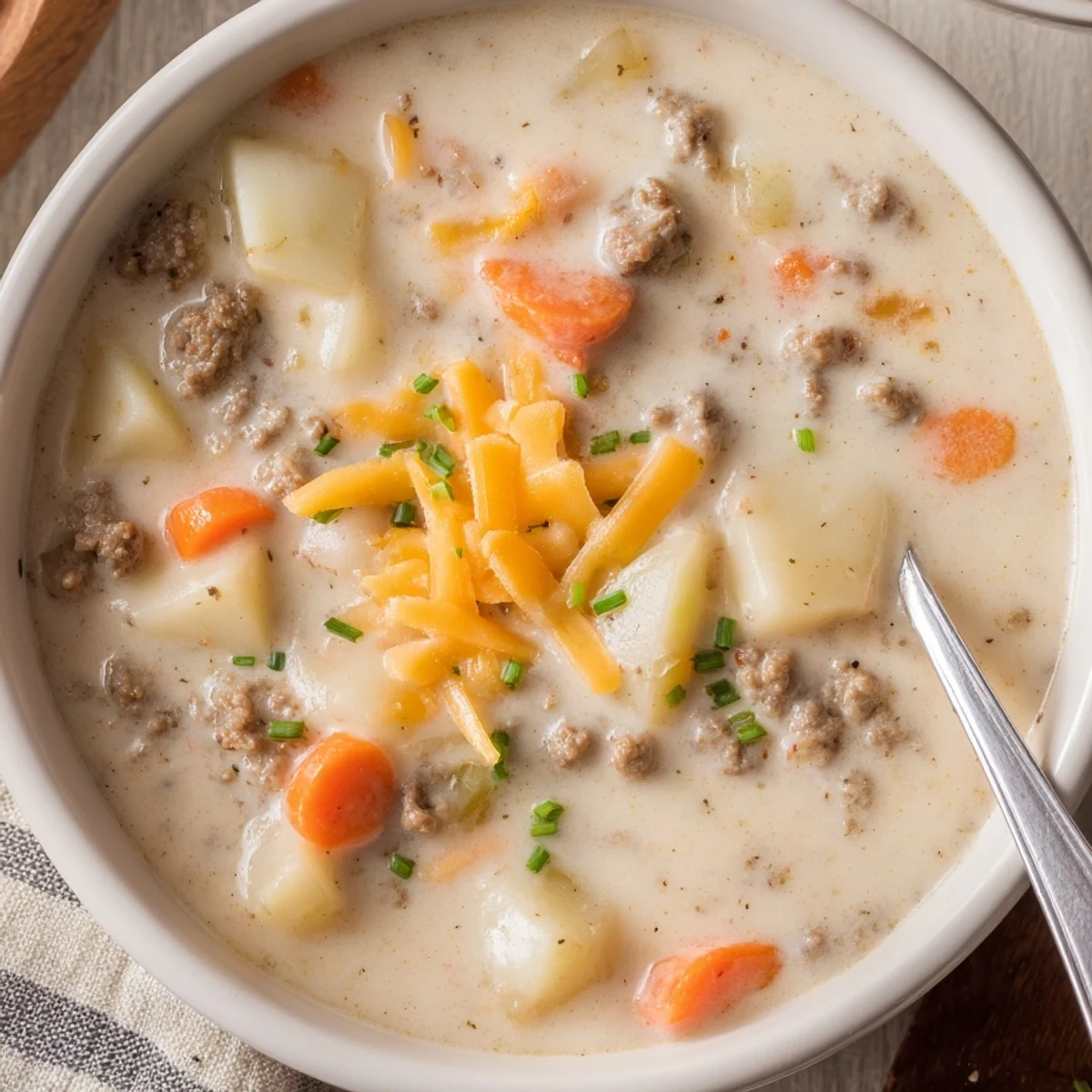Creamy crockpot potato hamburger soup brimming with tender vegetables and melted cheddar cheese