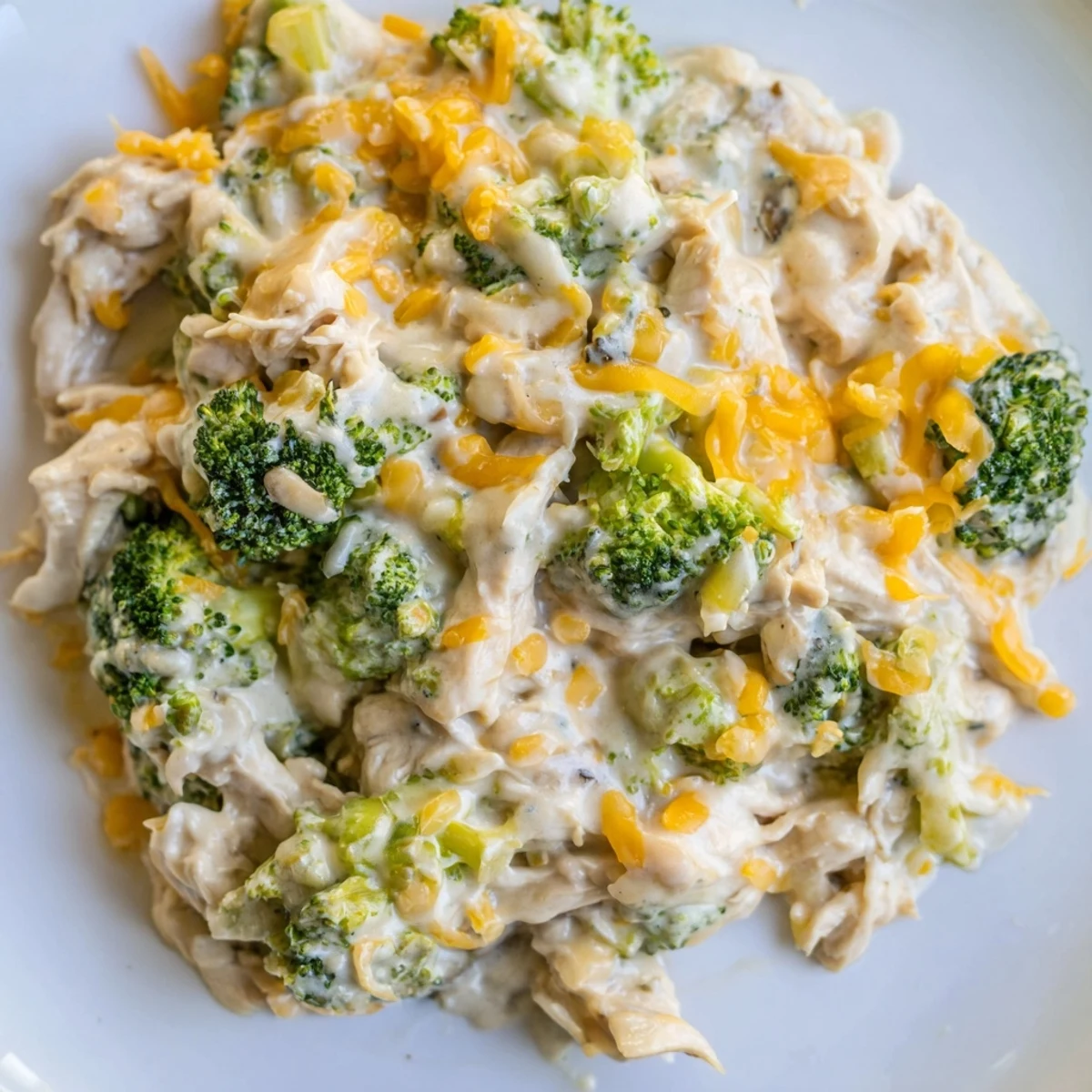 Slow cooker chicken breast and broccoli florets swimming in melted sharp cheddar sauce