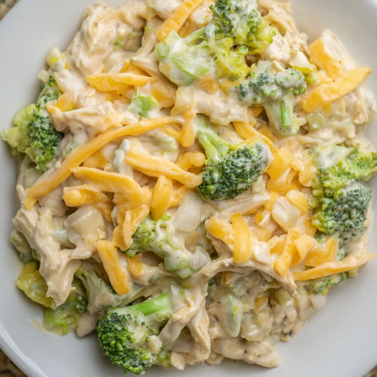 Golden slow-cooked broccoli cheddar chicken served creamy over white rice in ceramic bowl