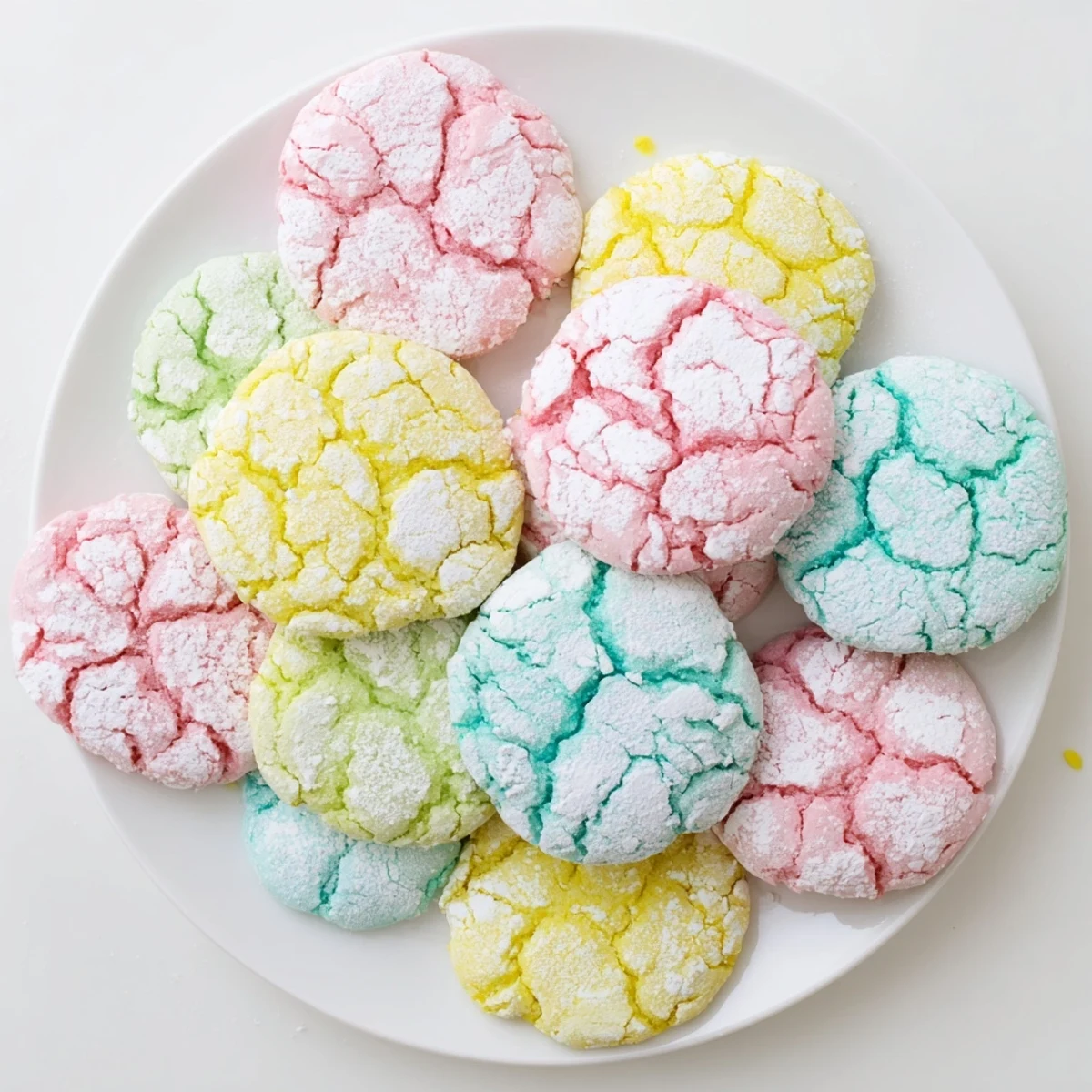 Pastel Springtime Crinkle Cookies with soft cracked tops dusted in powdered sugar on a white plate