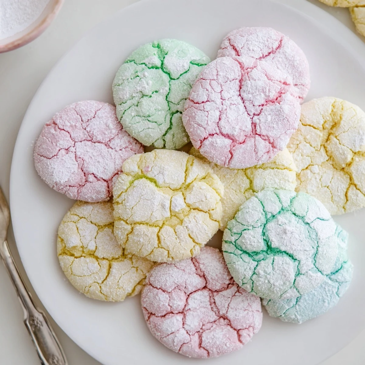 Colorful soft baked Springtime Crinkle Cookies in pink yellow and blue with crinkled texture