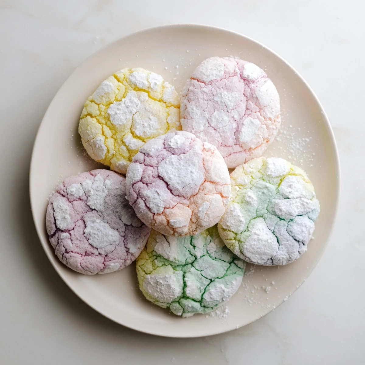 Freshly baked pastel Springtime Crinkle Cookies arranged on a wooden board with white sugar coating