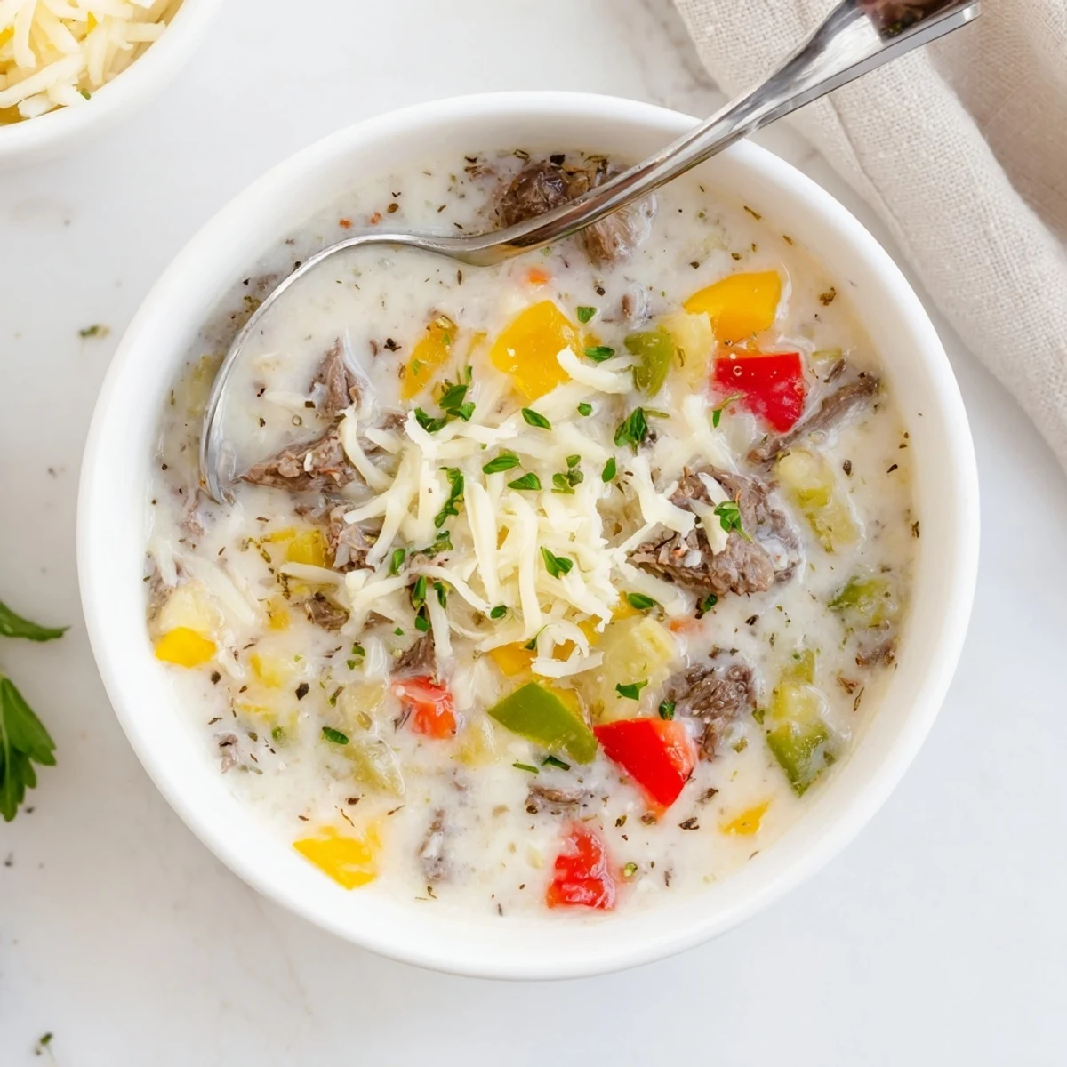 Creamy Philly cheesesteak soup with melted provolone, tender beef slices, and colorful sautéed peppers